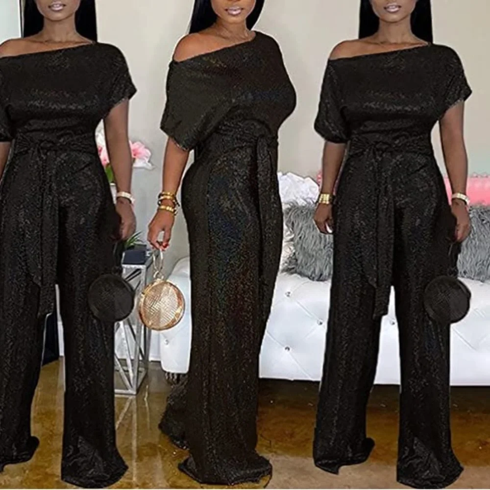 Women’s off shoulder sparkly jumpsuit with high waist and wide leg. - Picture 2 of 5